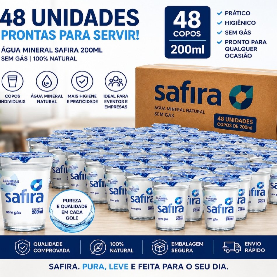 Agua Mineral Sem Gás Safira Copo 200ml Caixa com 48 Unidades