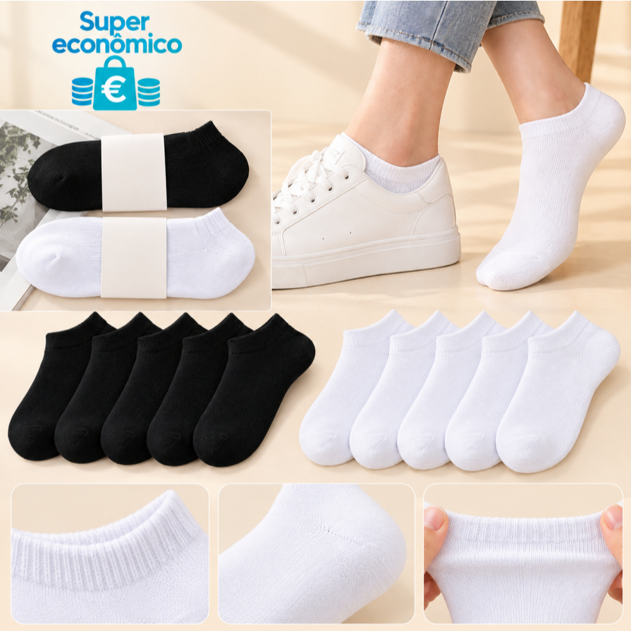 6-12 Pares 35-40 Meias Femininas Cano Baixo Algodão Respirável Confortável Invisível Branco Preto Casual Esportiva Tama