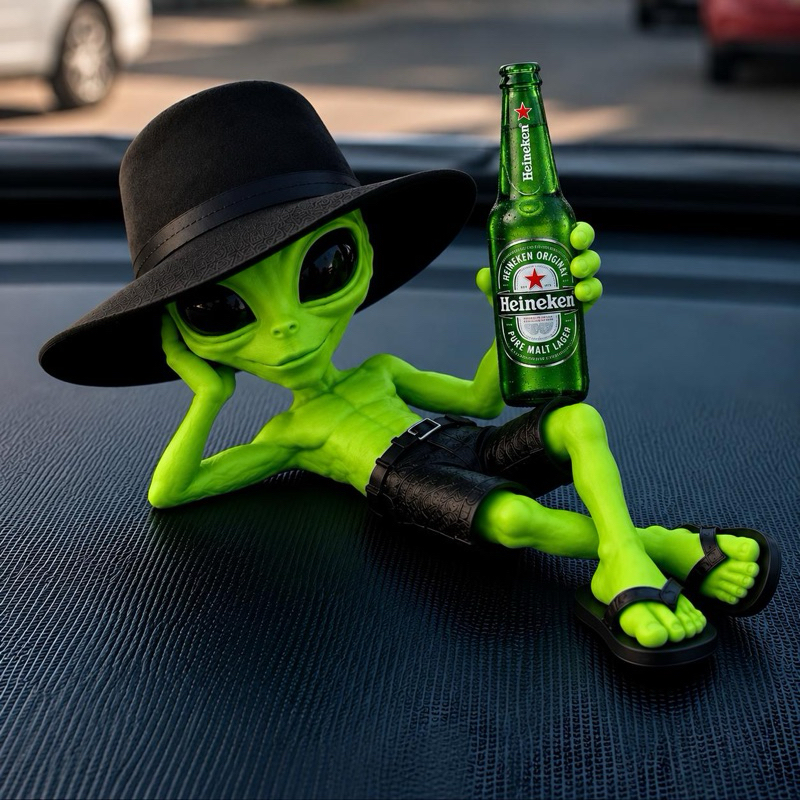 Boneco ET Alienígena Extraterrestre Deitado Com Garrafa Heineken Caminhão Decoração