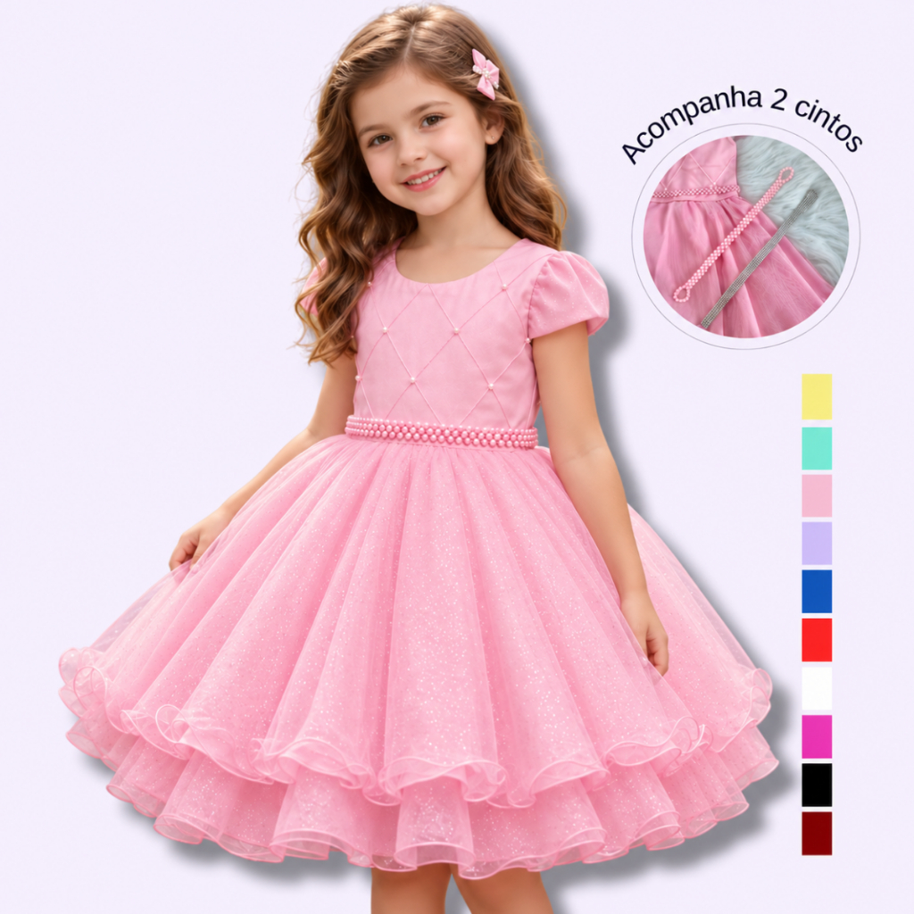 Vestido Infantil Juvenil Princesa Curto Pérola Festa Luxo Saia De Brilho