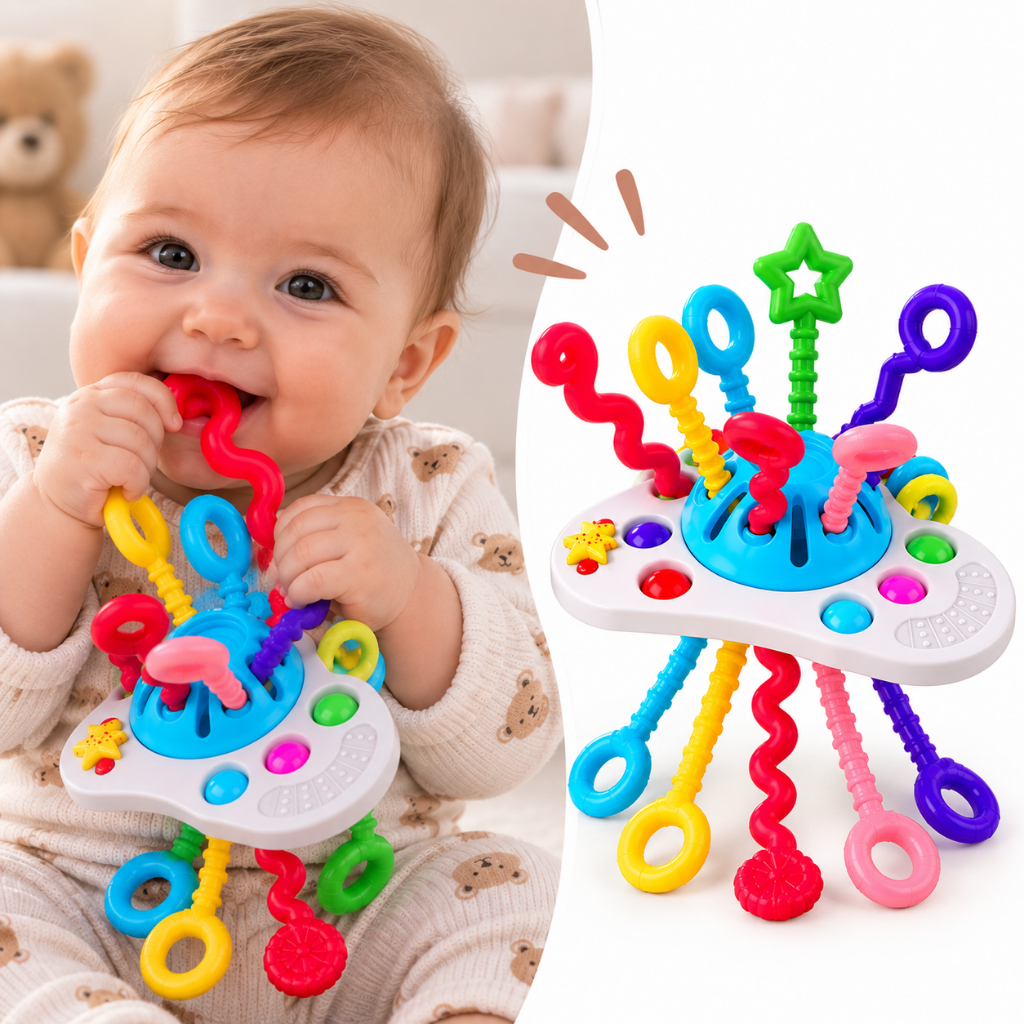 Brinquedo Mordedor de Dentição para Bebê Montessori Infantil Chocalho Sensorial com Corda - INNOVO