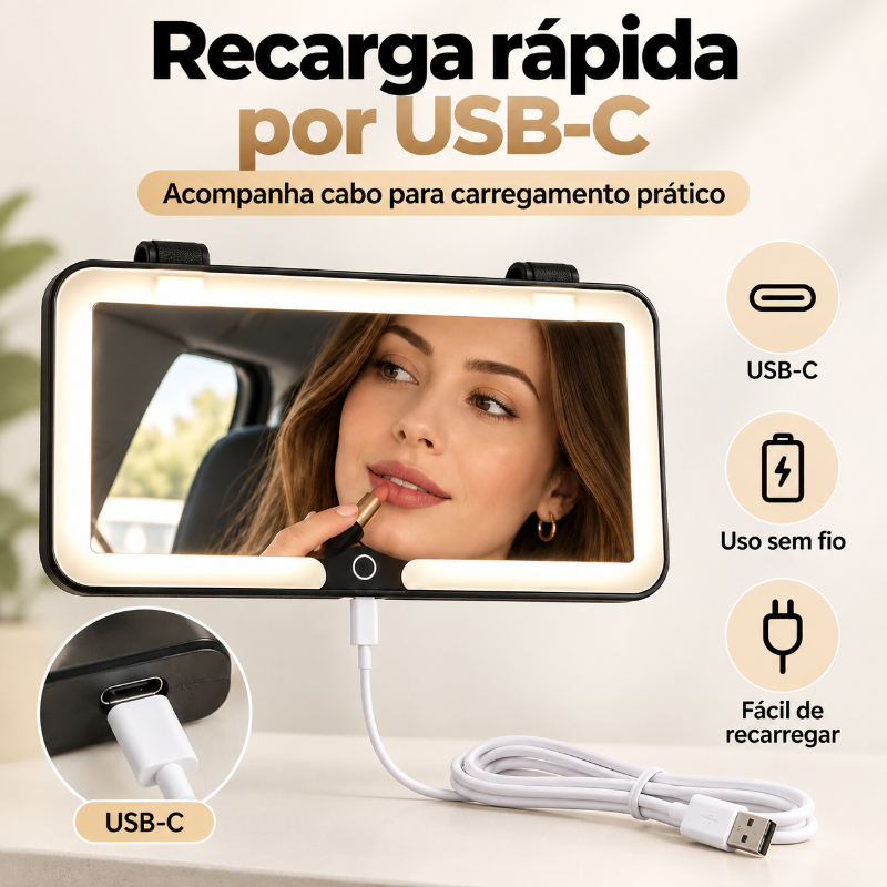 Espelho de cortesia LED para carro, para-sol, tela sensível ao toque, recarregável, três opções de temperatura de cor