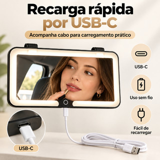 Espelho de cortesia LED para carro, para-sol, tela sensível ao toque, recarregável, três opções de temperatura de cor