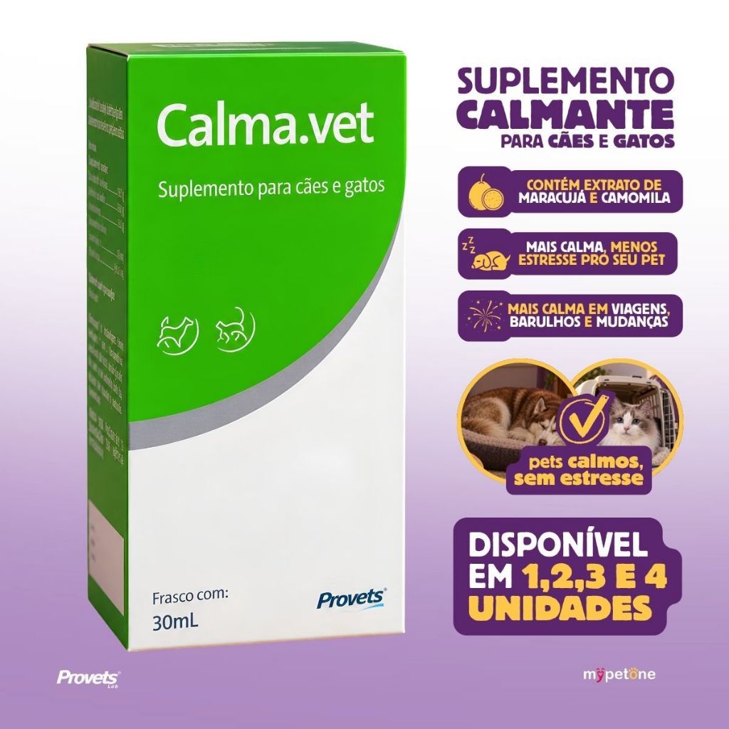 Calmavet 30ml Calmante Natural Cães e Gatos Alivia Estresse e Acalma Para Viagens Barulhos e Mudanças - Provets