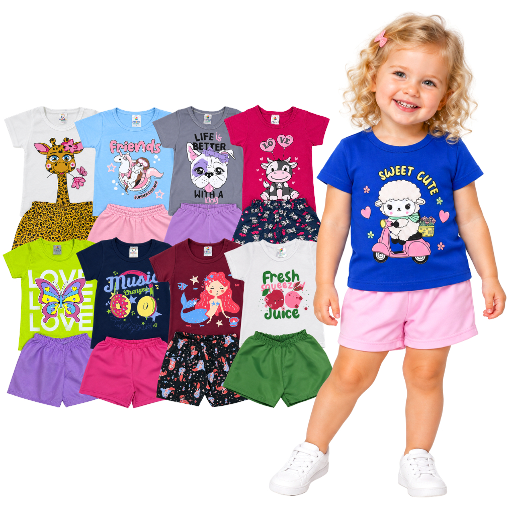 Kit 4 ou 8 Peças Roupa Infantil Verão Menina Sortido Estampado Camiseta e Shorts 2 ou 4 Conjuntos
