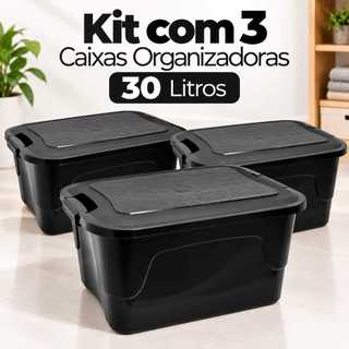 Kit Com 3 Organizador Objetos 30 Litros Caixa Organizadora Com Tampa Travas Moderna Caixa Organizadora