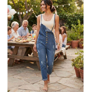 jardineira-calça jeans feminina de lavagem média, tamanho 40. apresenta fechamento frontal por fileira de botões dourado