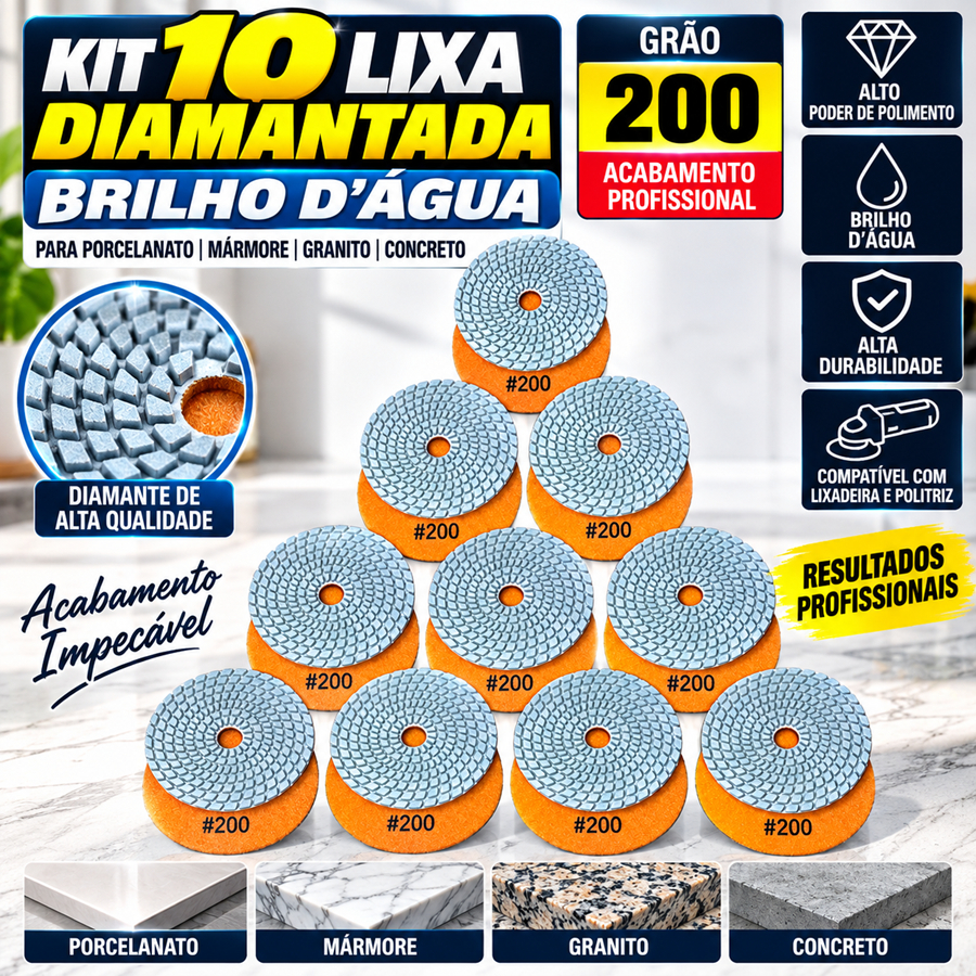 Kit 10 Lixa Diamantada Brilho d Agua Grão 200 para Porcelanato Mármore Granito Concreto Marmoraria