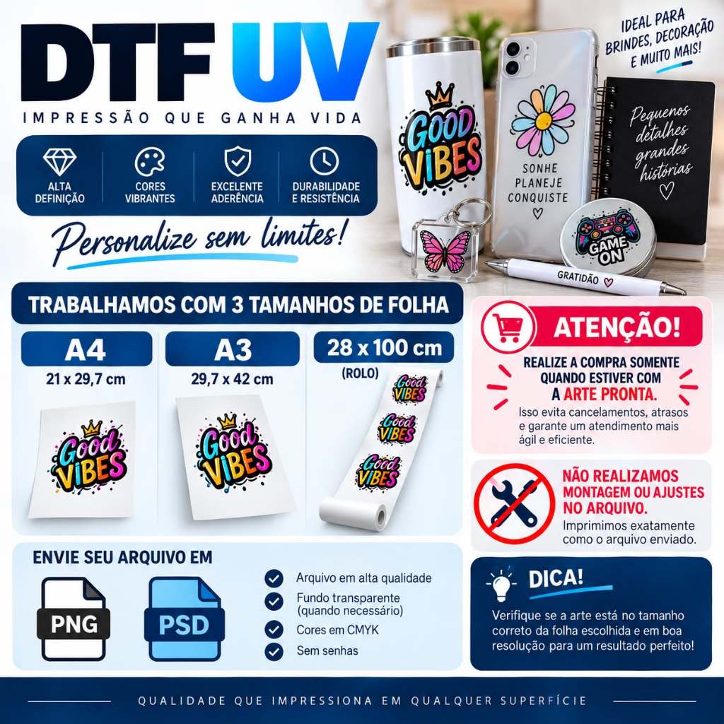 Impressão em folha Dtf Uv Alta Qualidade tamanhos A4, A3, metro de 28X100