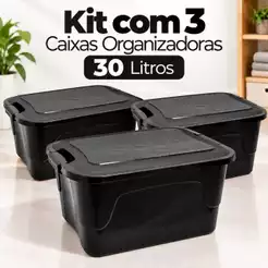 Kit Com 3 Caixas 30 Litros Organizadoras Preta Com Tampa Modernas Resistente Caixa Organizadora