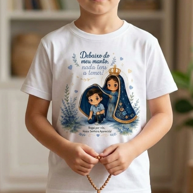 Camiseta Infantil Menino Nossa Senhora Aparecida Debaixo Do Meu Manto