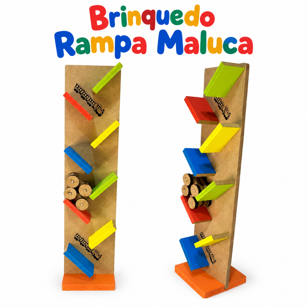 Brinquedo Pedagógico Infantil Rampa Maluca Em Madeira Montessori Pista Zig Zag Com Carrinho