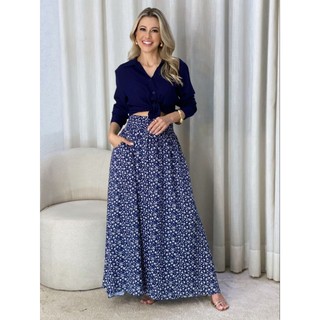 Saia Longa Femenina Con Fenda Lateral Estampa Jardim Encantado Con Cintura Alta