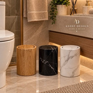 Lixeira Redonda Decorativa Premium para Banheiro – Design Moderno Mármore e Madeira - 7L