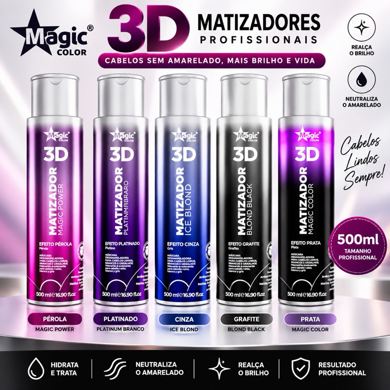 Matizador Magic Color 3D 500ml Profissional – Efeito Pérola, Platinado, Cinza, Grafite e Prata