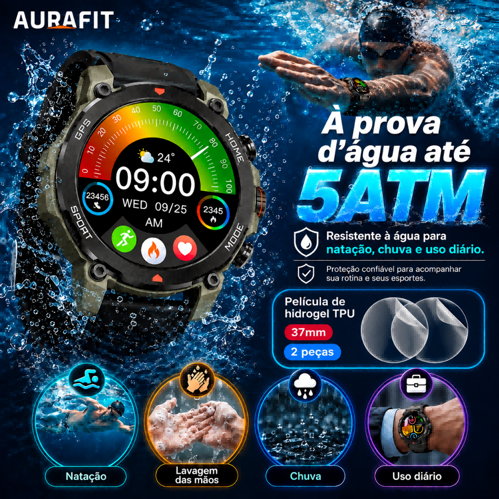 AURAFIT G6 Smartwatch GPS 5ATM com 2 Películas de Hidrogel 37mm