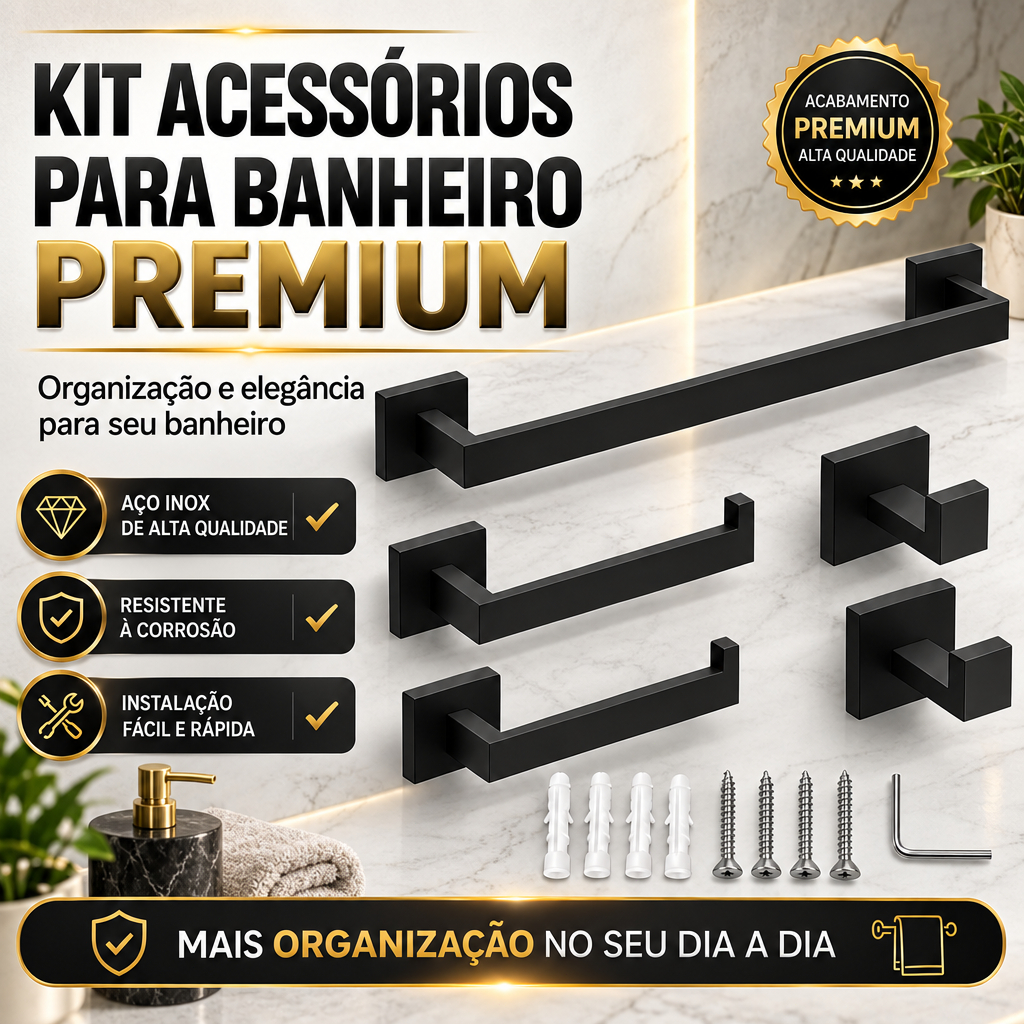 Kit Acessórios Para Banheiro Completo 5 Peças Inox 304 60cm Toalheiro De Banheiro Preto