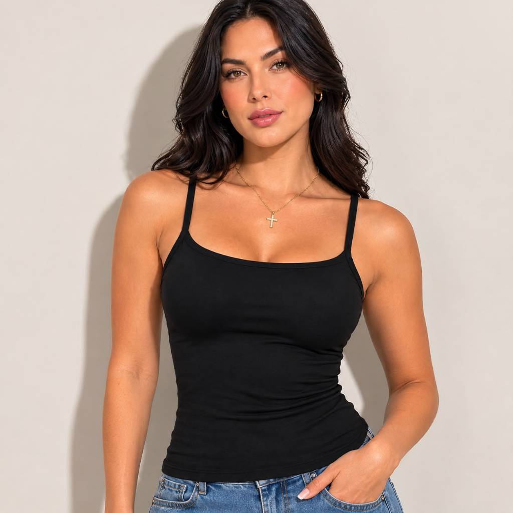 Regata Feminina Blusinha Suplex Elastano Alça Fina Basica Casual Cavada Com Forro Interno Cropped