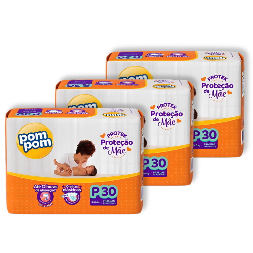Kit 3 Fralda Pom Pom Protek Proteção de Mãe Tamanho P Pacote Jumbo - Total 90 Unidades