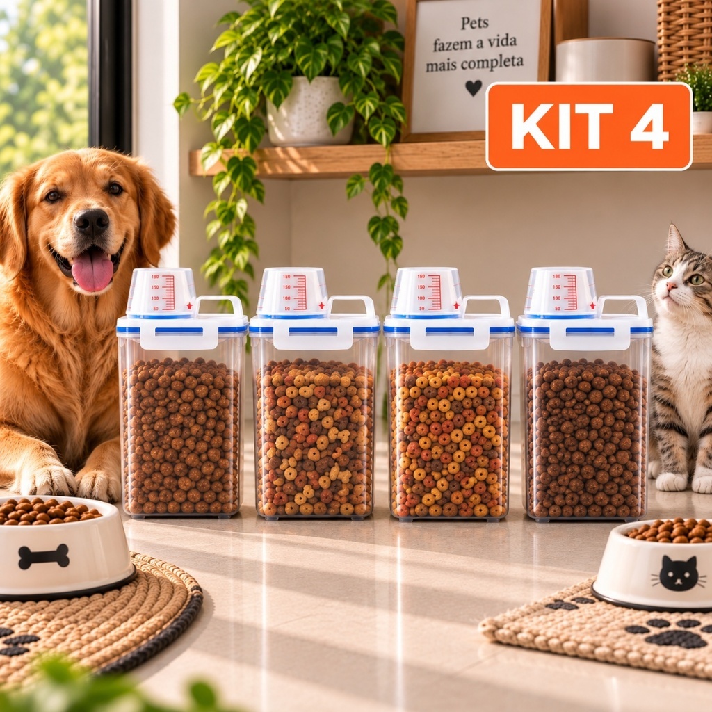 Kit 4 Potes Herméticos 2,5L com Bico Dosador e Copo Medidor Multiuso Casa Cozinha Lavanderia