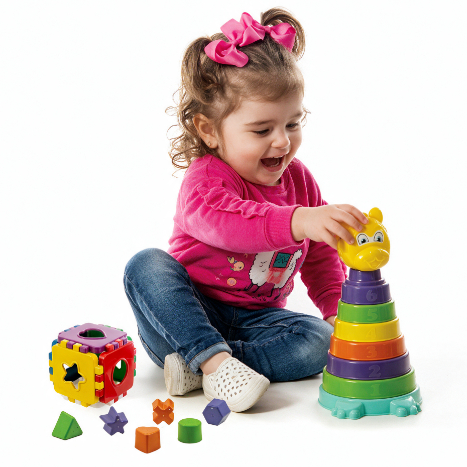 Kit Brinquedos Educativos 18pçs Torre Urso De Empilhar + Cubo Pedagógico - Montessori Aprendizado Cognição - QUEEN SHOP