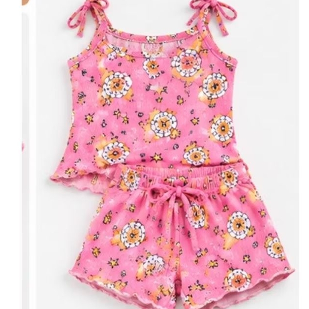 Conjunto Infantil Menina Malha Canelada Blusinha e Shortinho Verão tamanho 2,4,6,8,10, cores azul estampado, rosa