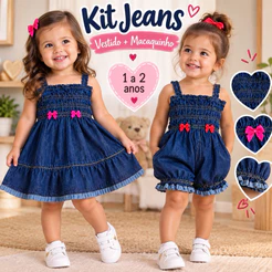 Kit Jeans Infantil Menina 2 Peças – Vestido + Macaquinho 1 a 2 Anos