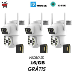 Kit 3 Câmeras Segurança Wi-Fi Dupla Lente 360° IP66 Visão Noturna com 3 MicroSD 16GB