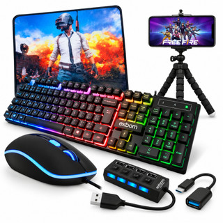 Kit Gamer Completo Teclado RGB Mouse 2400 DPI  + Mouse Pad + Hub USB + Cabo OTG +Tripé