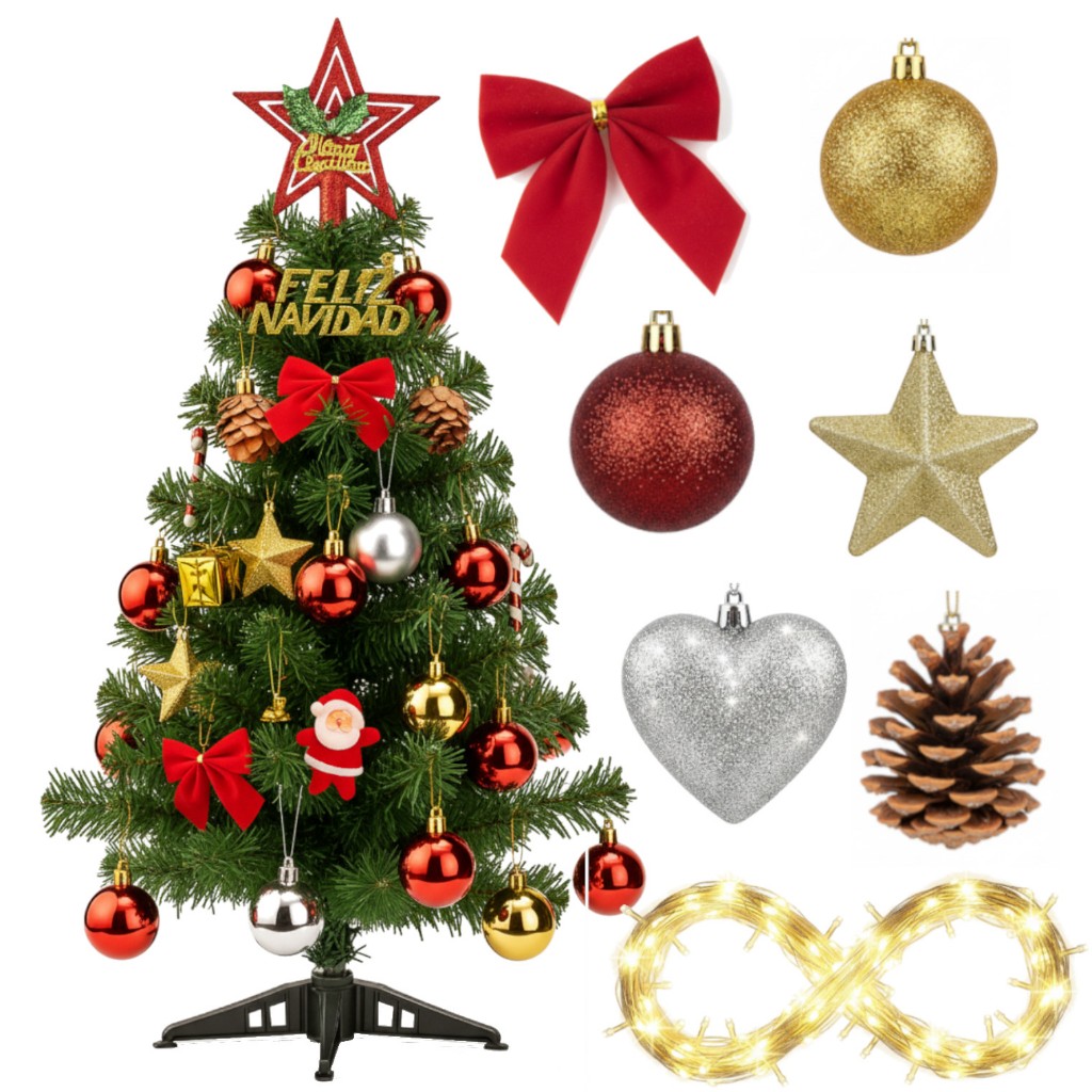 Árvore De Natal De Mesa Luxo 60cm Decorada Pinheiro Enfeites Enfeitada c/ Pisca Fio Fada LED Pequena
