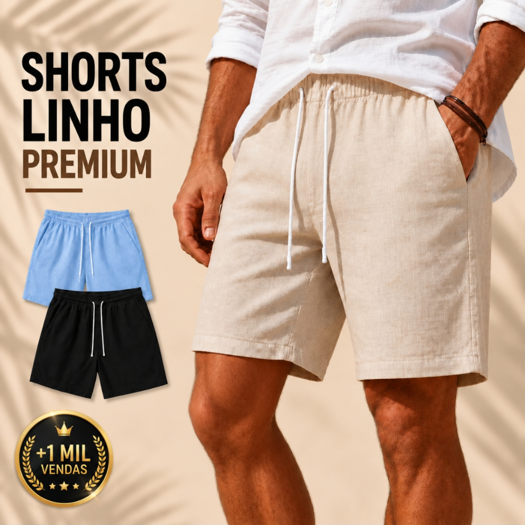 Short Mauricinho em Linho Com 2 bolsos Frontais Bermuda Casual Adulto Masculino