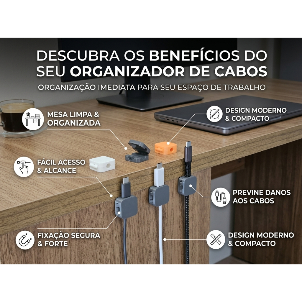 Organizador de Cabos para Mesa | Suporte de Fios | Suporte de Cabos e Carregadores Tipo C e Iphone