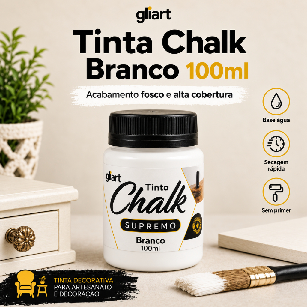Tinta Chalk Gliart 100ml Acabamento Fosco para Decoração, Artesanato e Pintura em MDF Madeira e Parede