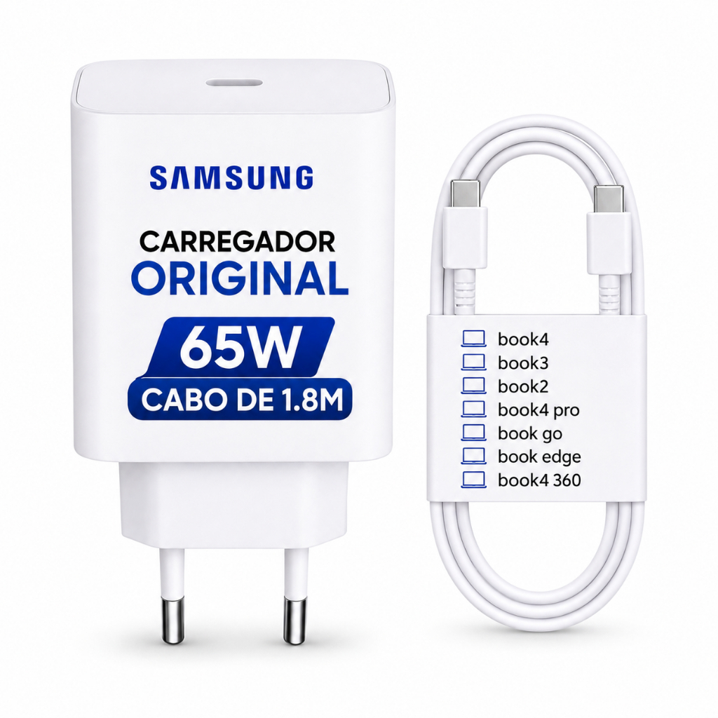 Carregador Original Samsung Galaxy Book Pro 65W Fonte USB-C Bivolt
