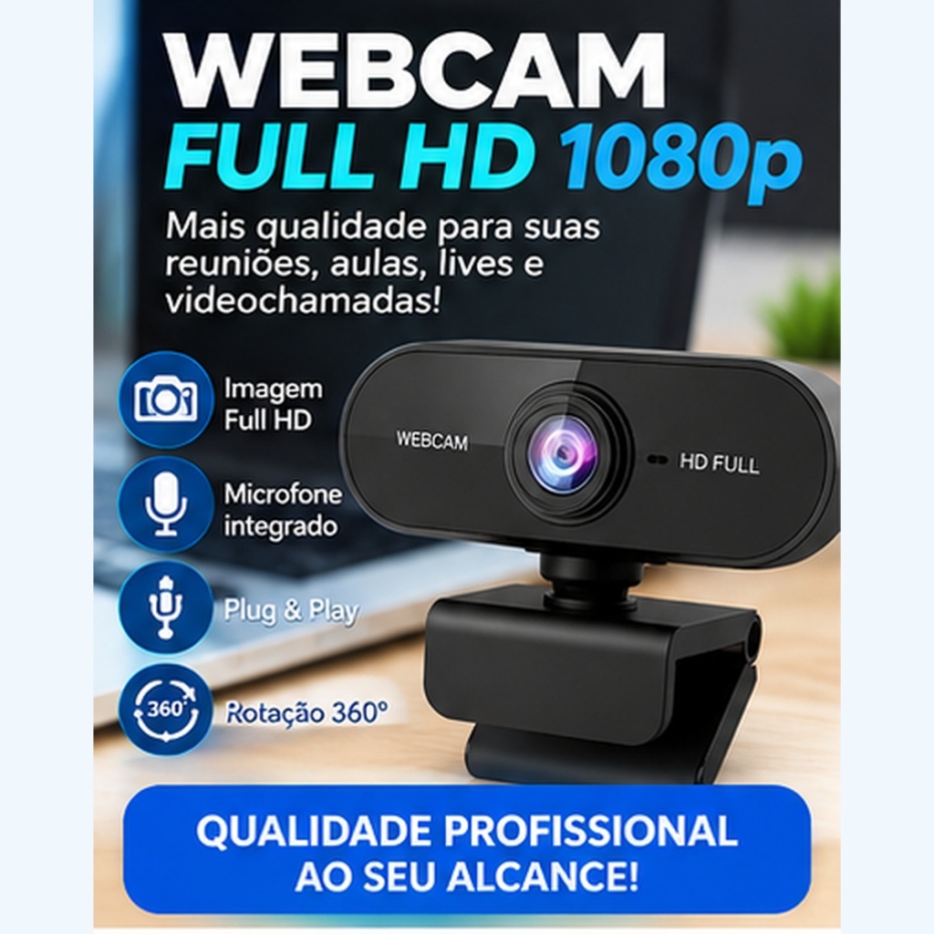Webcam Full HD 1080p com Microfone Integrado e Rotação 360° | Plug & Play para Home Office, Aulas Online, Streaming e Vi