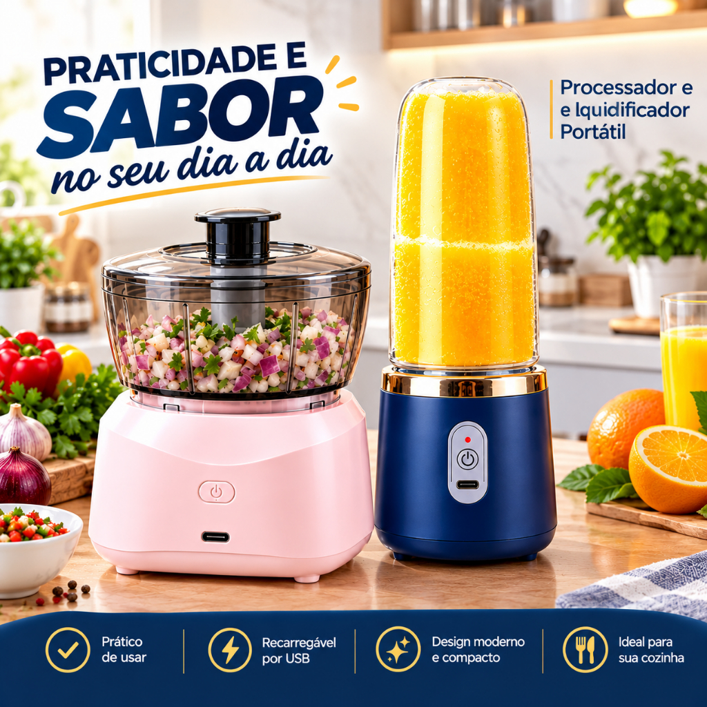 Triturador Elétrico 4 em 1 USB Sem Fio Cortador de Alho e Legumes Mini Processador de Cozinha com bateria