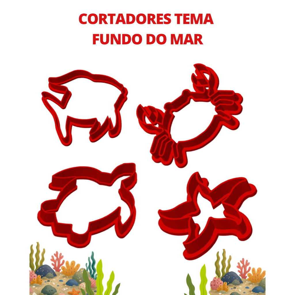 Kit com 4 Cortadores Tema Fundo do Mar Monand Cerâmica Argila Biscuit Modelar Massas Biscoito Confeitaria Decorativa