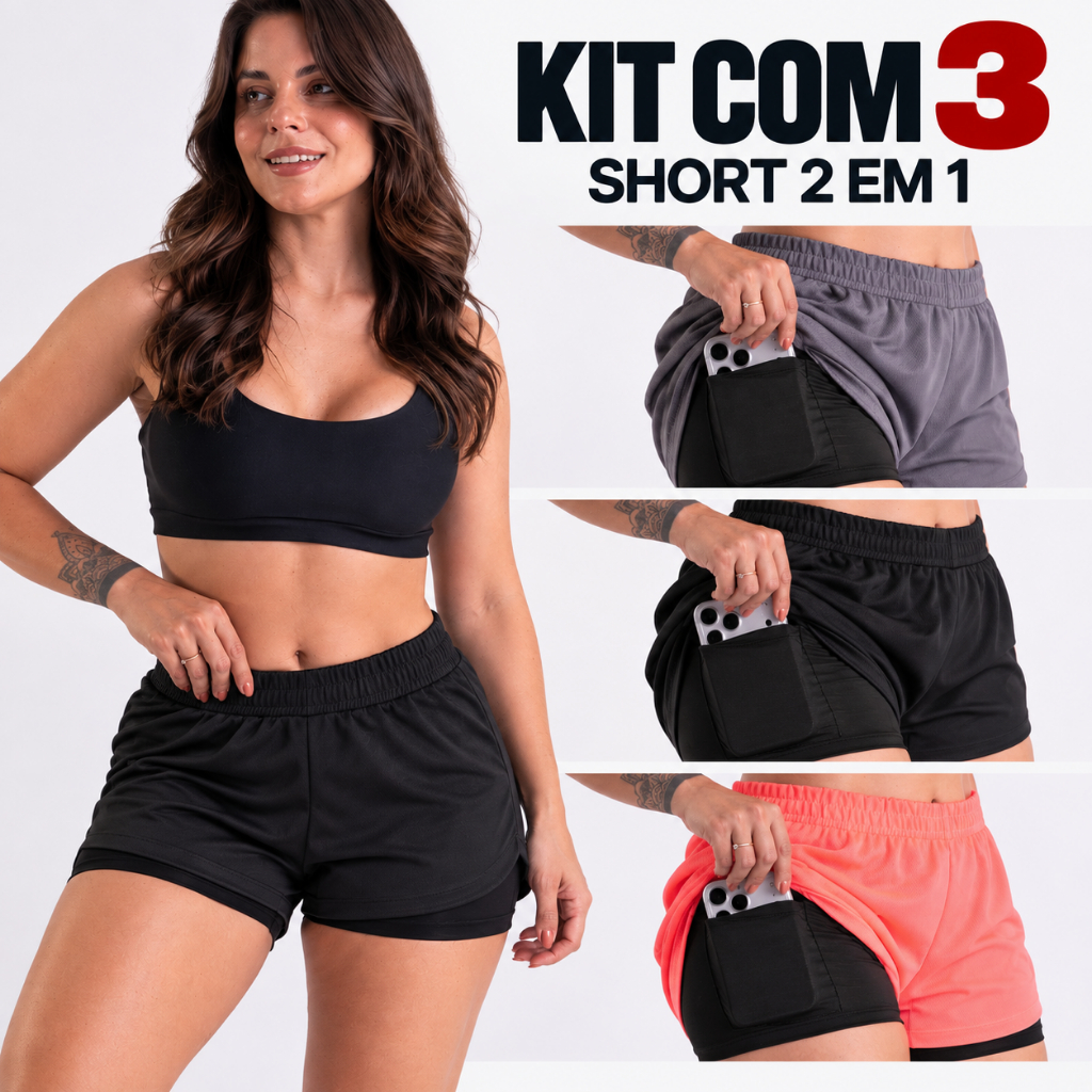 Kit 3 Shorts 2 em 1 Feminino - Short Saia Fitness com Forro Interno - Bermuda Academia Corrida Anti Transparência
