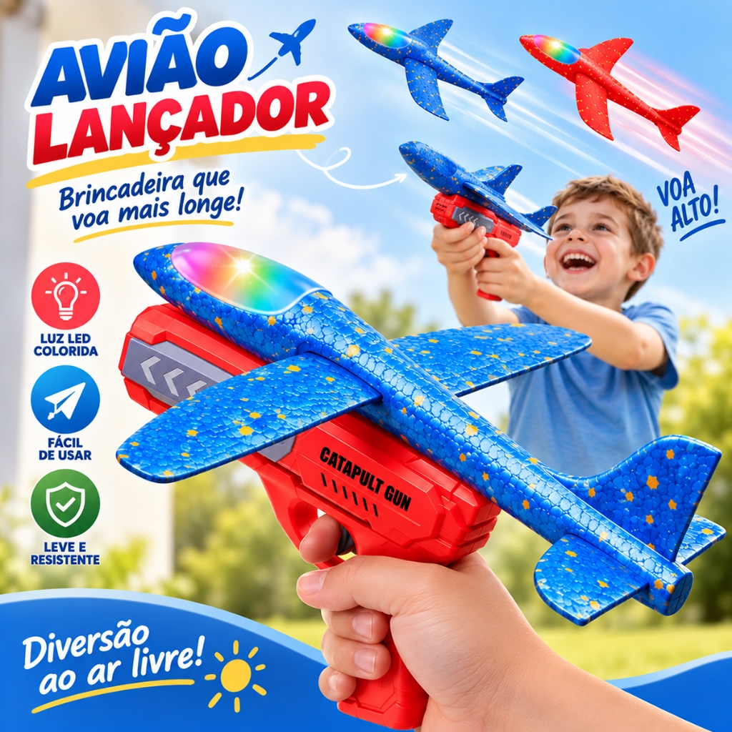 Avião Planador de Espuma com Lançador e Luz LED Brinquedo Infantil