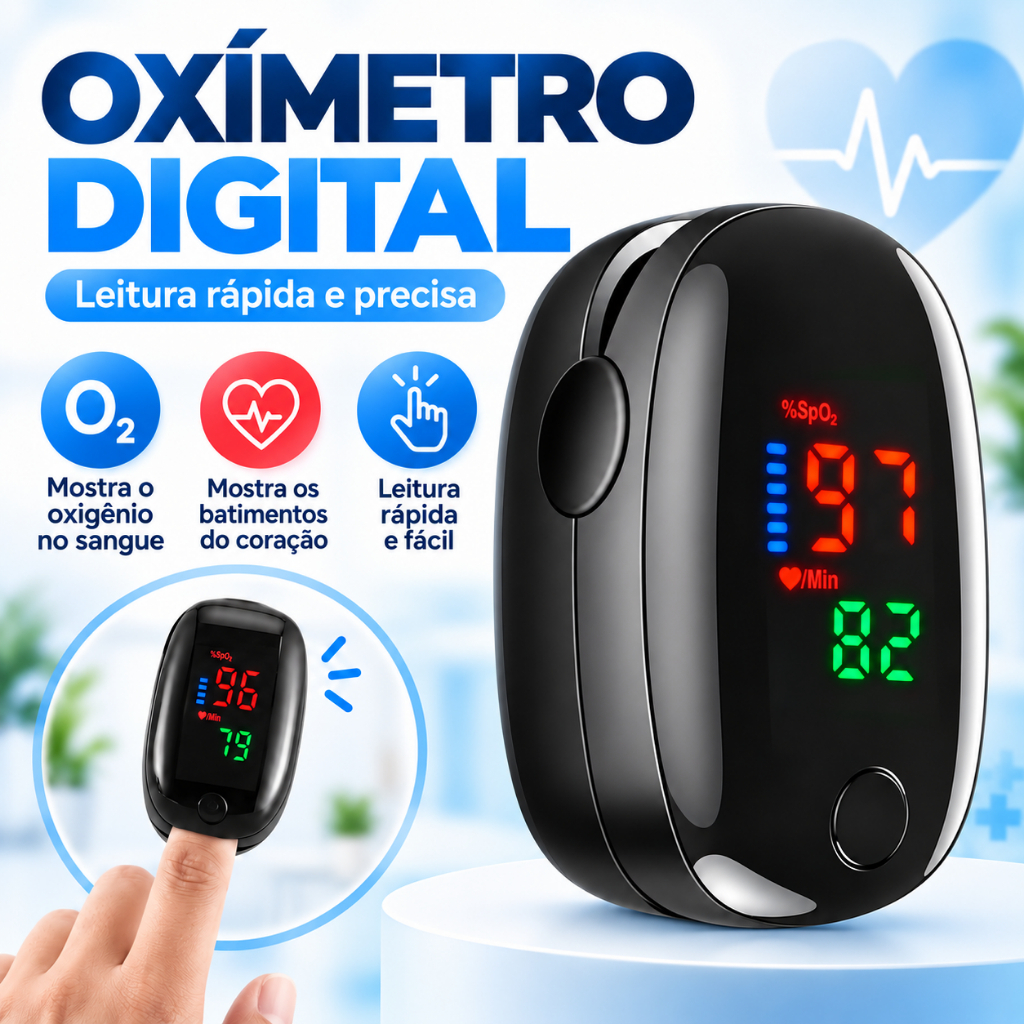 Oxímetro Portátil de Dedo com Display Digital SpO2 Saturação de Oxigênio e Pulsação Cardíaca