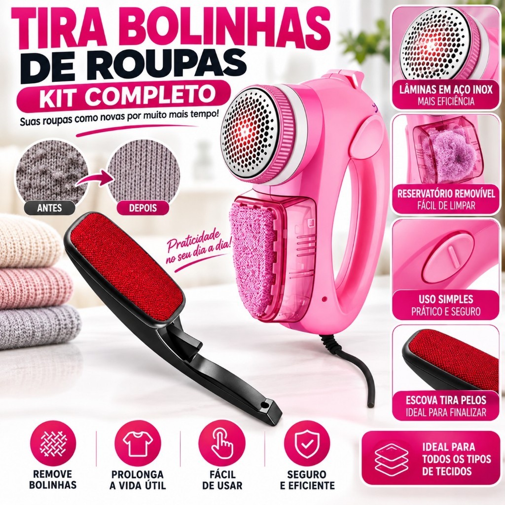 Kit Escova Tira Pelo + Papa Bolinha USB Para Roupas Sofás Cortinas Tapetes Pelos PET