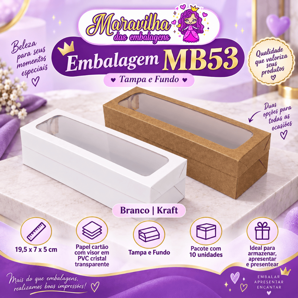Embalagem MB53 com Visor em papel Branco | Kraft- 19,5x7x5 cm- Pacotes com 10 unidades