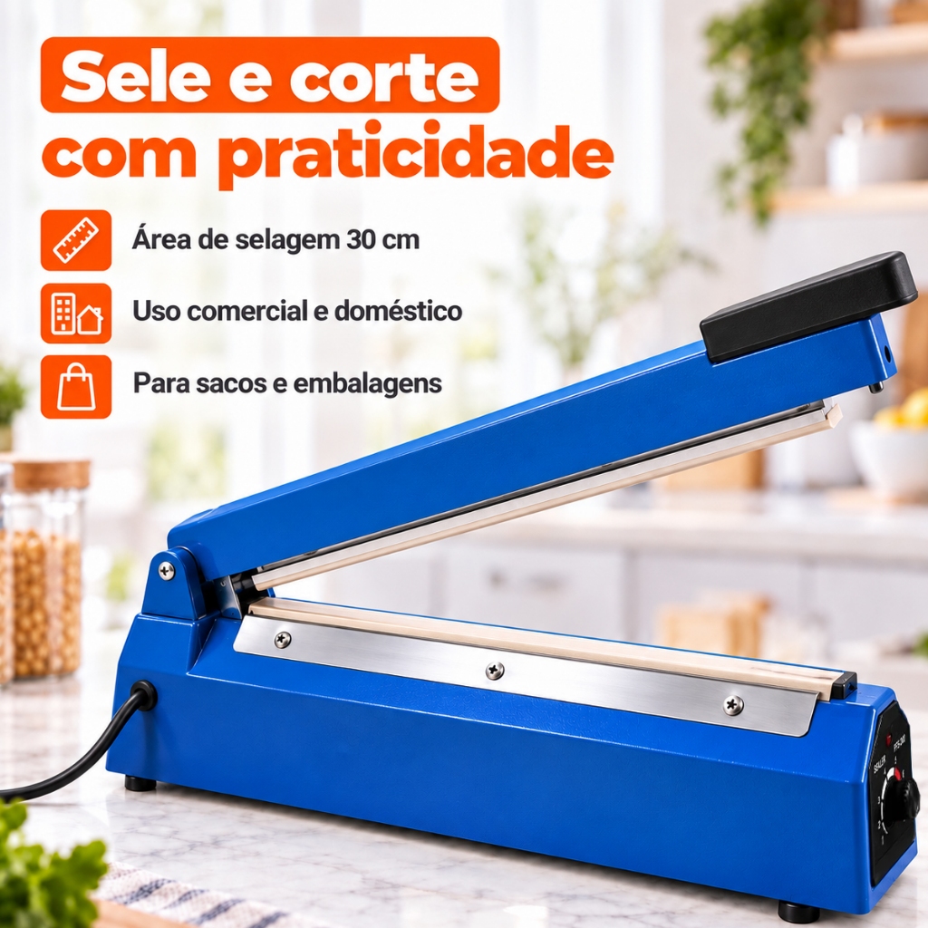Seladora Manual 30cm Termica Sela e Corta Sacos Plasticos e Embalagens Selagem Comercial e Domestica Alta Potencia