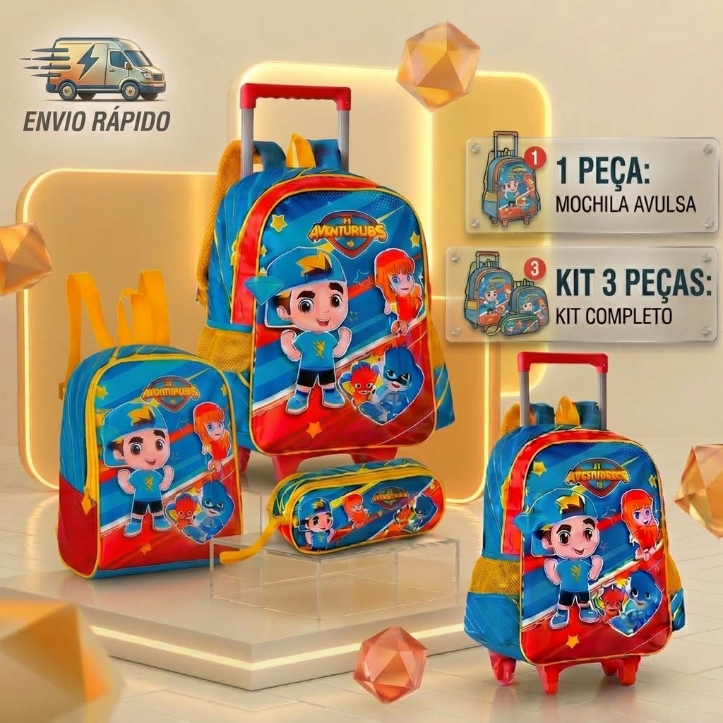 Kit Mochila + Estojo + Lancheira Os Aventureiros Luccas Neto Infantil Original Escolar com Rodinhas Reforçada