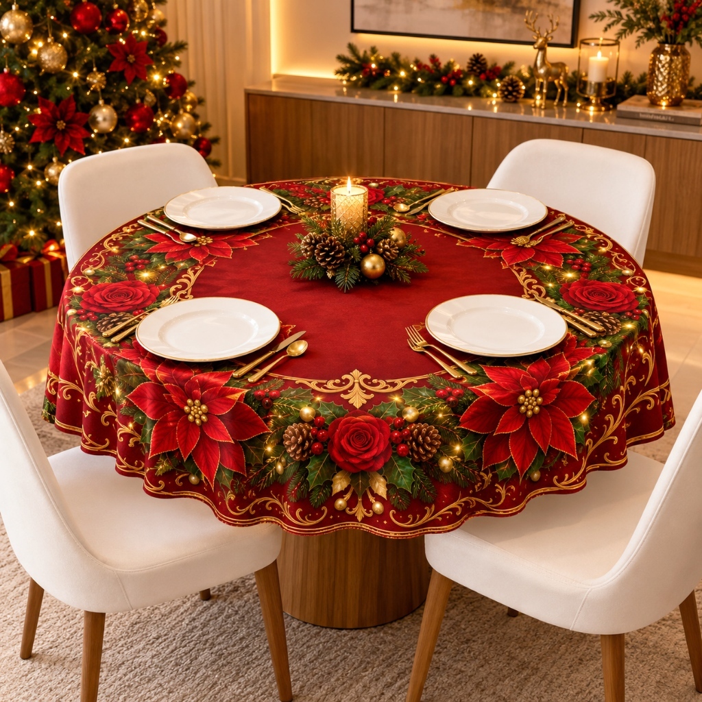 Toalha de Mesa Natal Redonda Microfibra Tecido Premium 1,45m x 1,45m