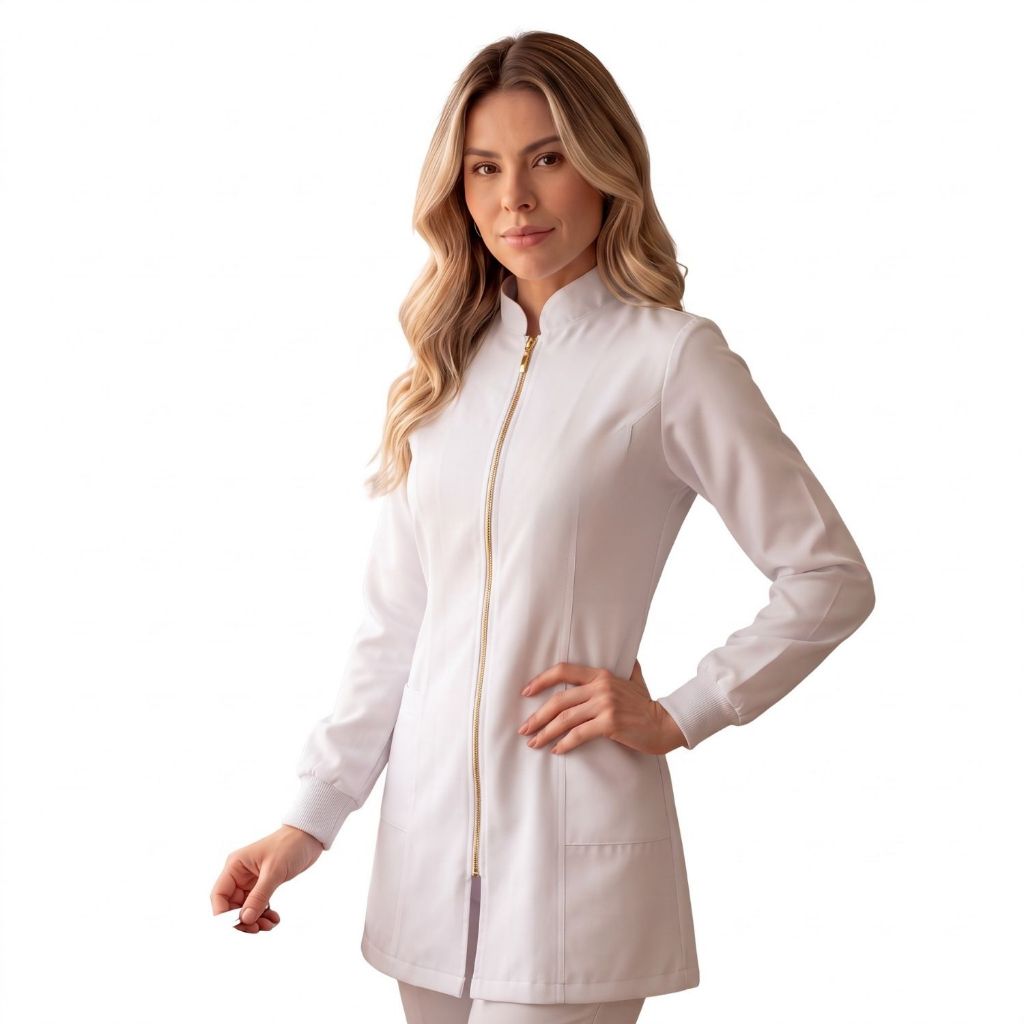 Jaleco Feminino Oxford Acinturado Manga Longa Zíper Punho Gola Padre Enfermagem Médica