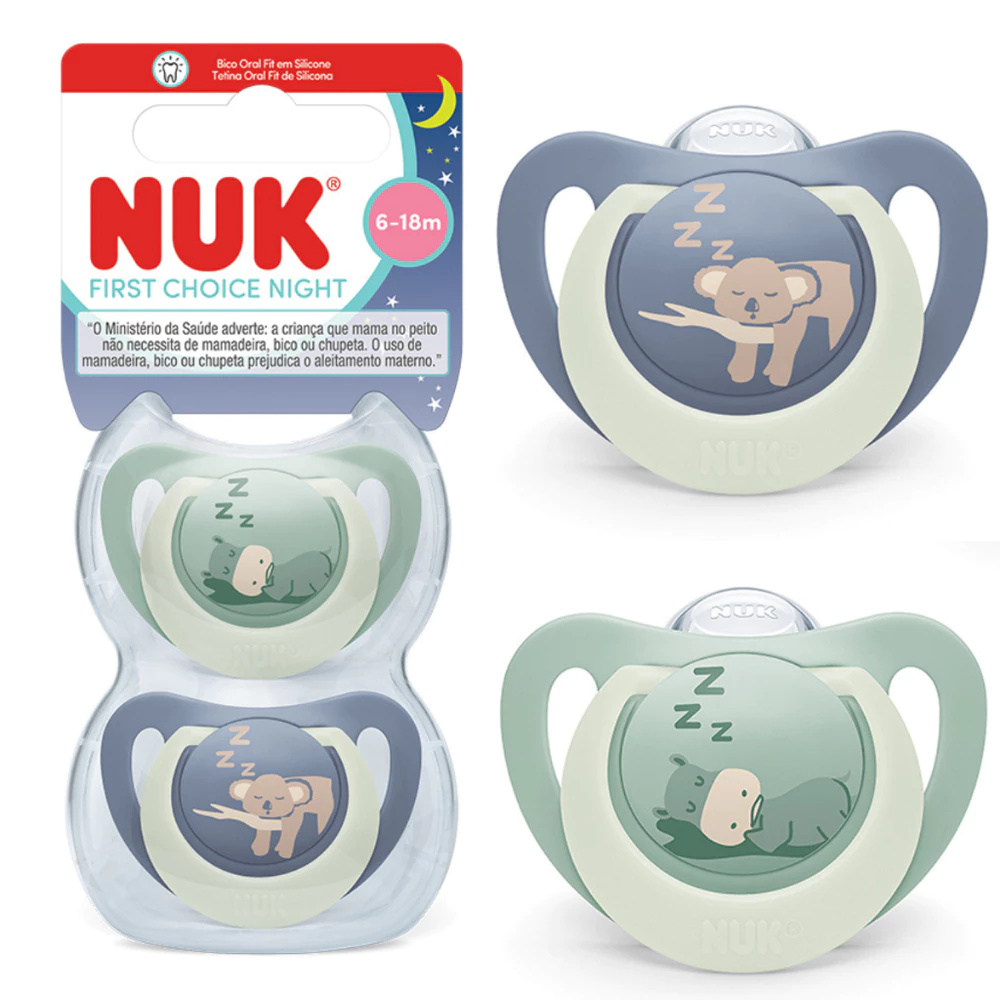 Kit 2 Chupetas Bebe NUK Bico De Silicone First Choice Night 6-18m Brilha No Escuro Com Estojo