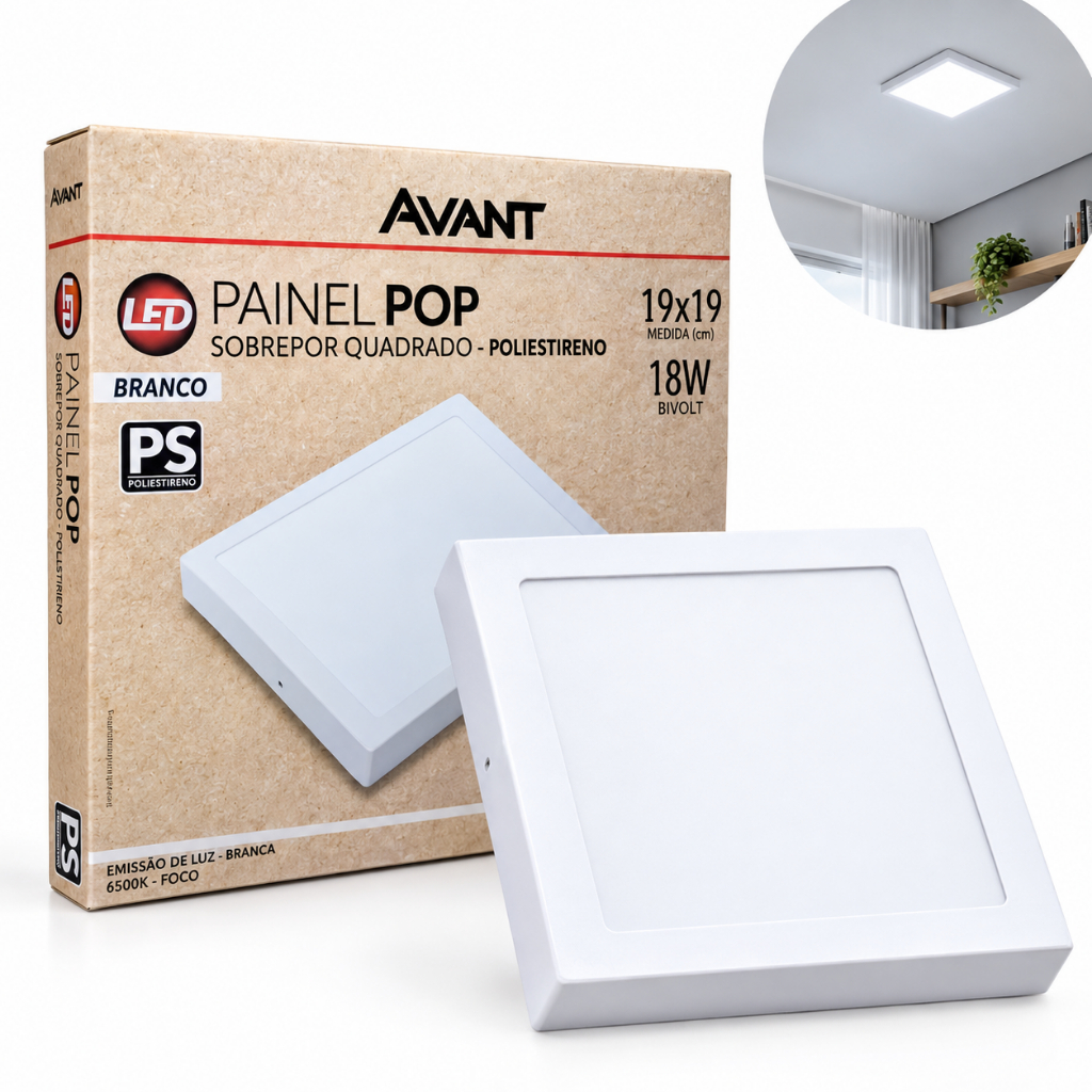 Luminária Painel Plafon Led 18W Quadrado Sobrepor Branco Frio 6500K Bivolt