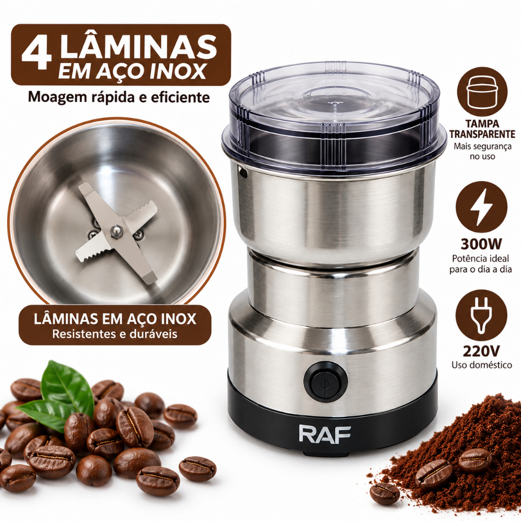 Moedor de Café Elétrico RAF 300W 220V 4 Lâminas Inox para Café Grãos Temperos Sementes Especiarias
