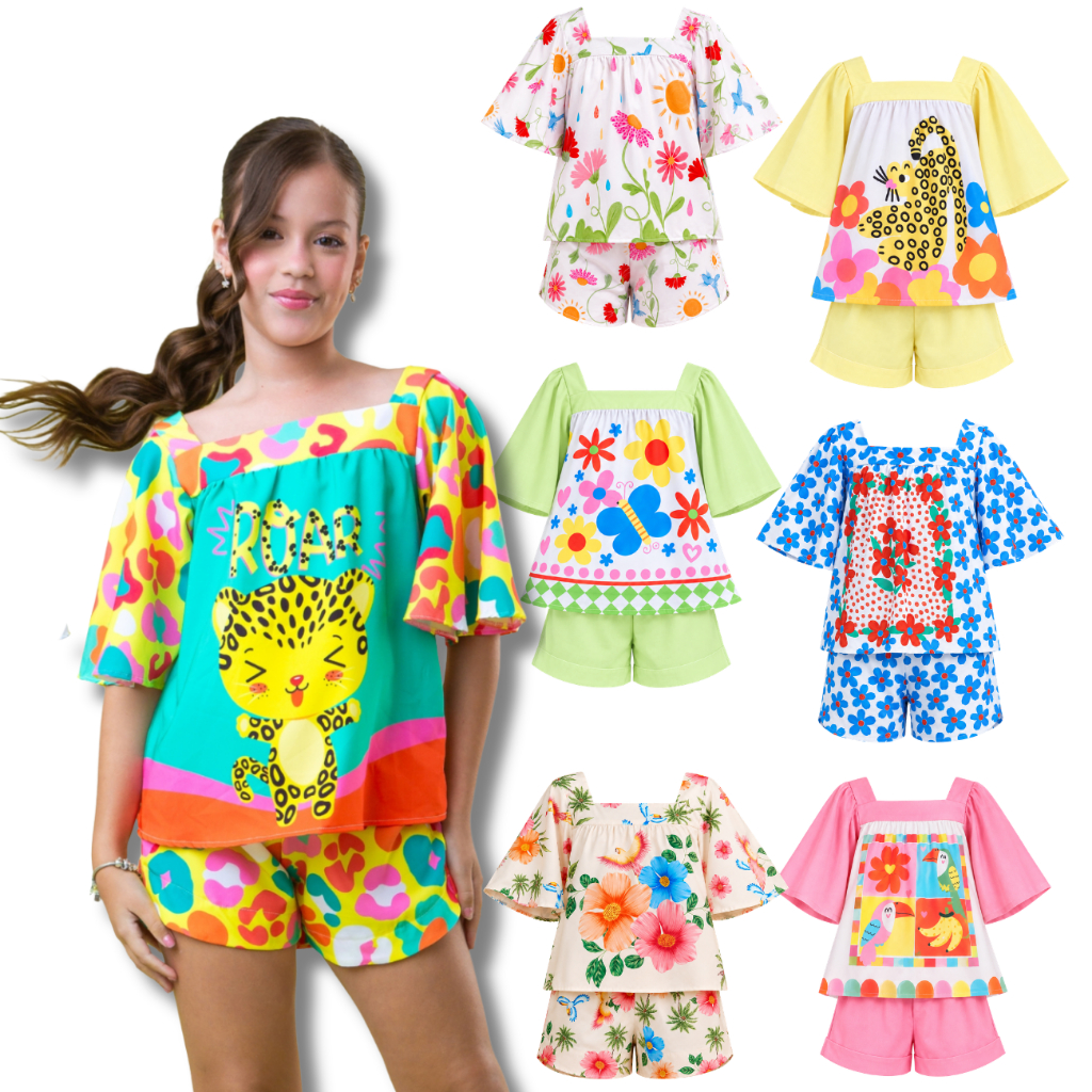 Roupa Infantil Menina Oncinha– Kit 2 Pçs: Short + Blusa Estampas Exclusivas